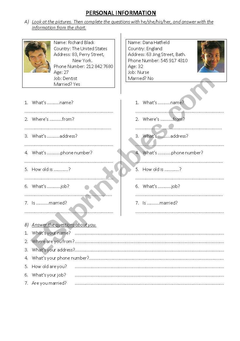 Personal Information worksheet