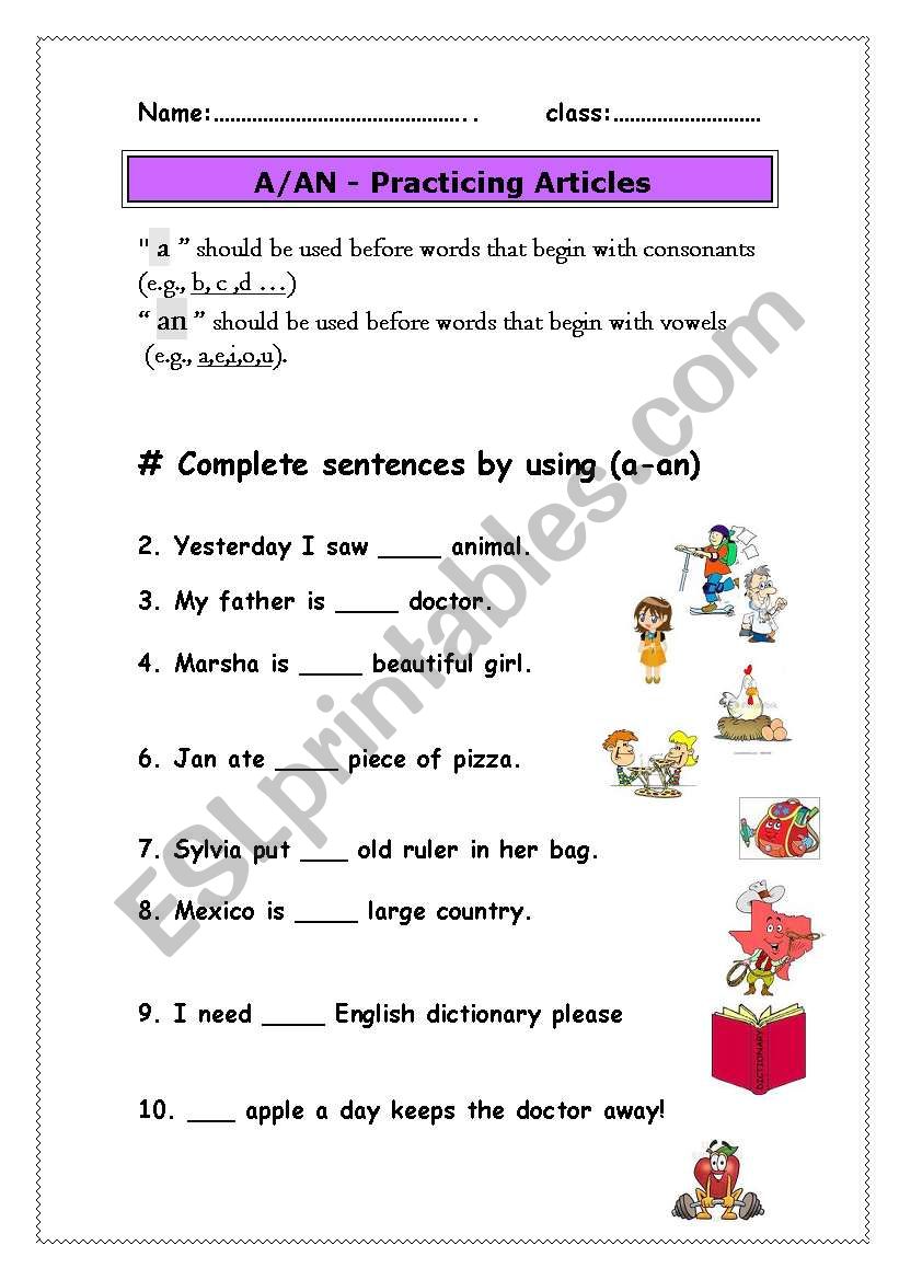 a/ an  worksheet