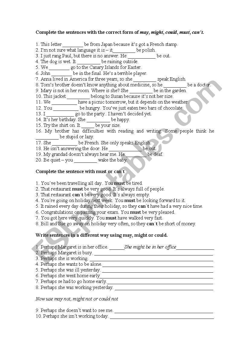 POSSIBILITY VERBS worksheet