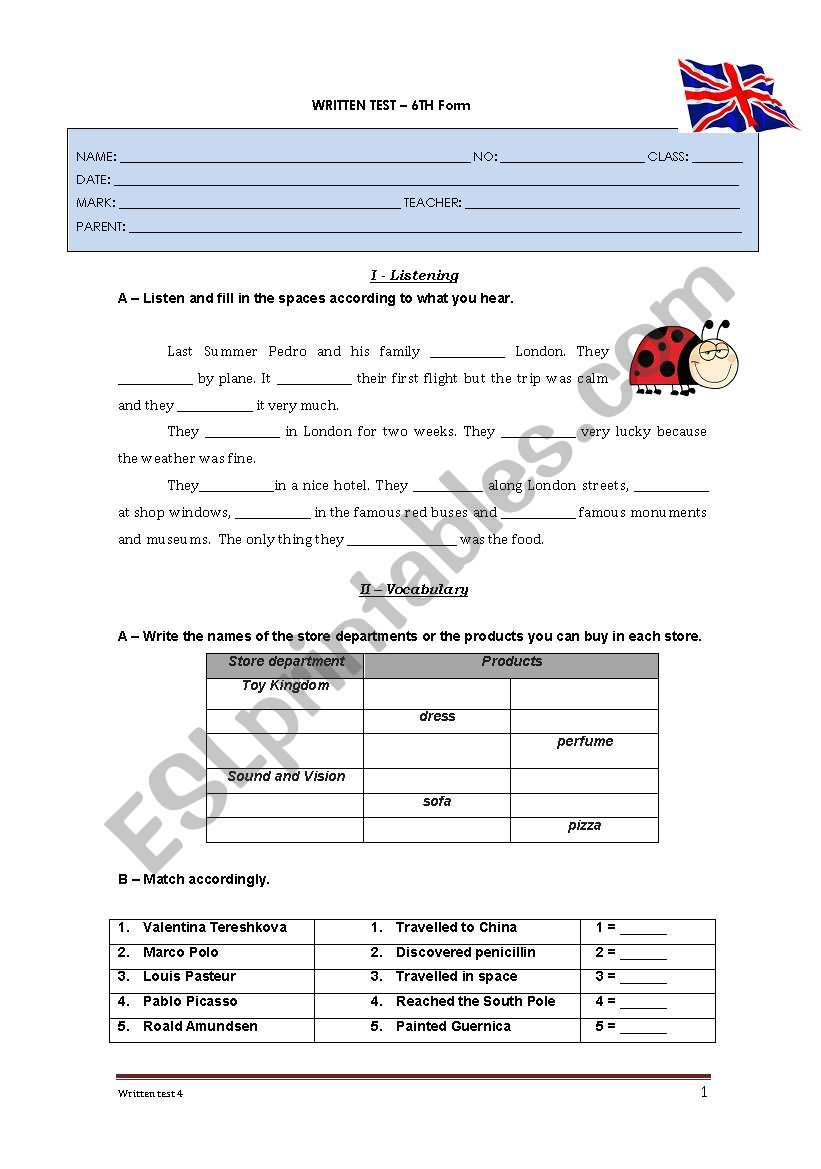 Test - 6th form worksheet