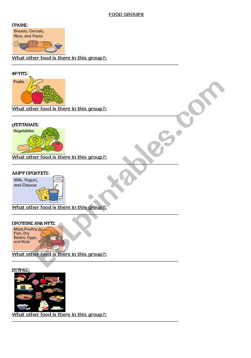 Food Groups worksheet