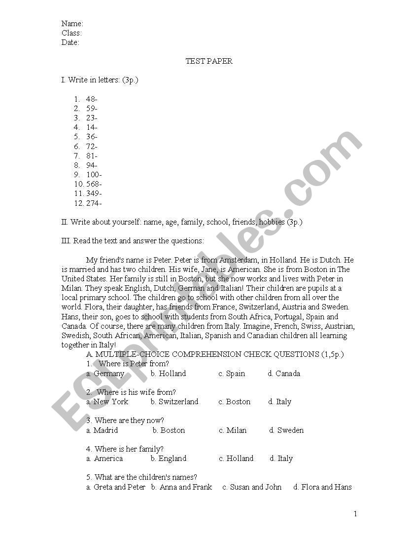 test paper worksheet