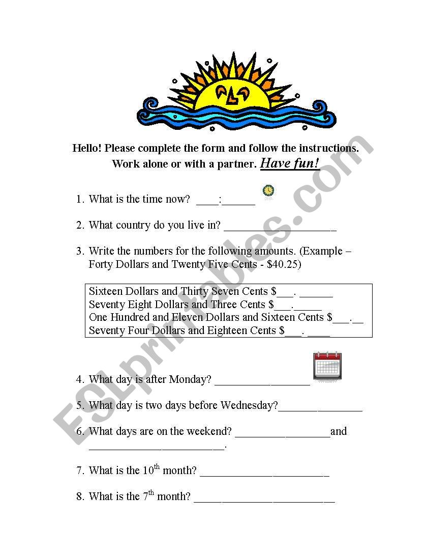 Fun Energizer, Review and Interactive Worksheet - Beginner