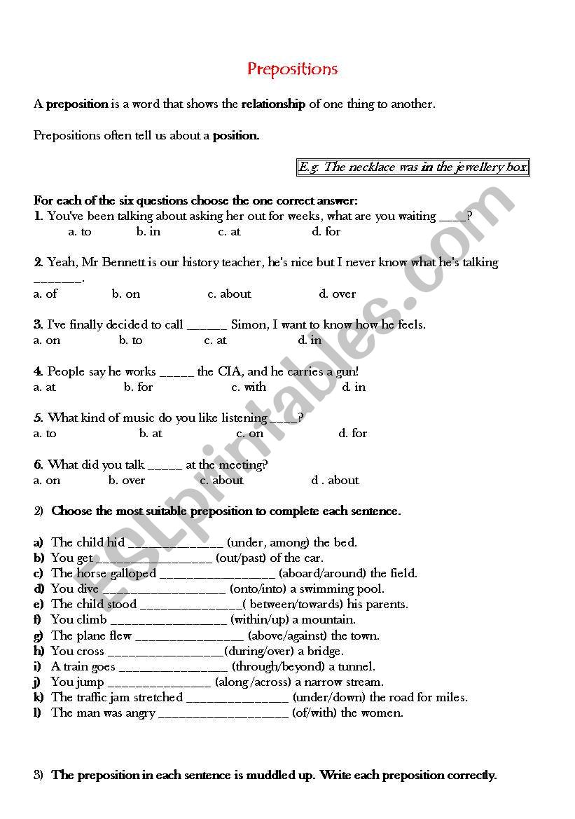 Prepositions worksheet