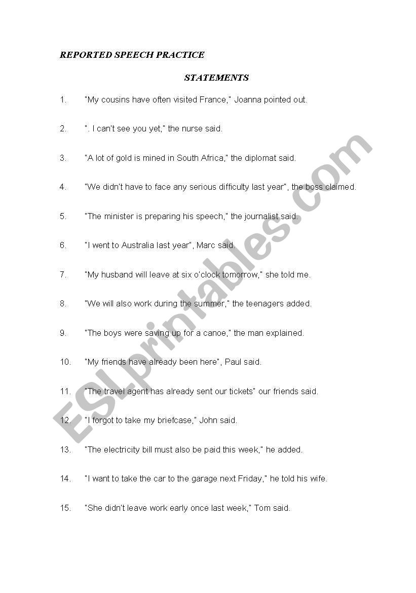 reported speech practice worksheet