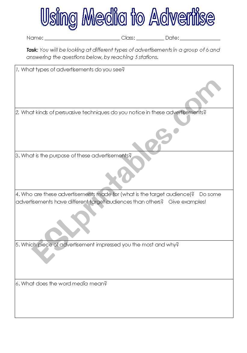 Advertisement or Media worksheet
