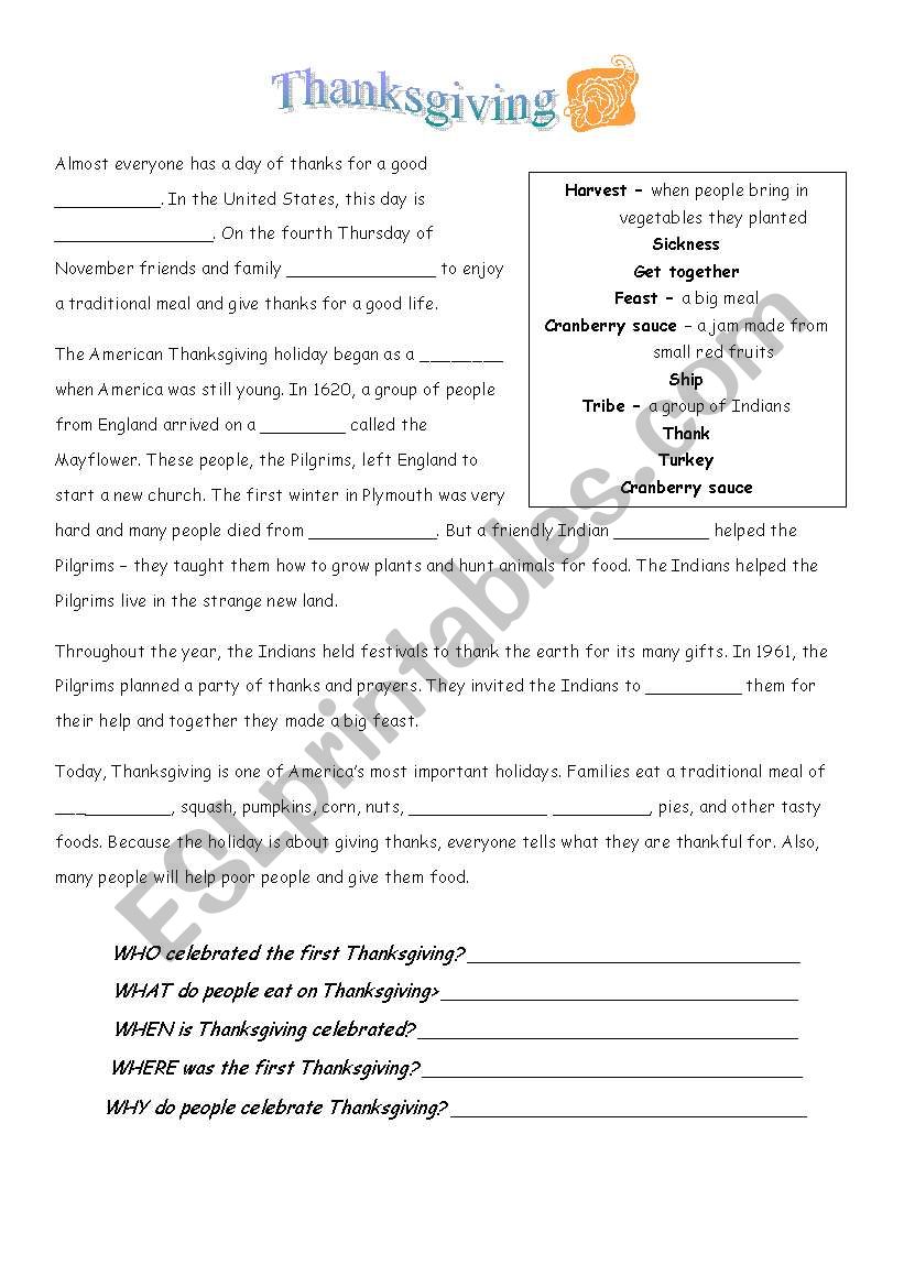 Easy History of Thanksgiving Worksheet - ESL worksheet by hchapman