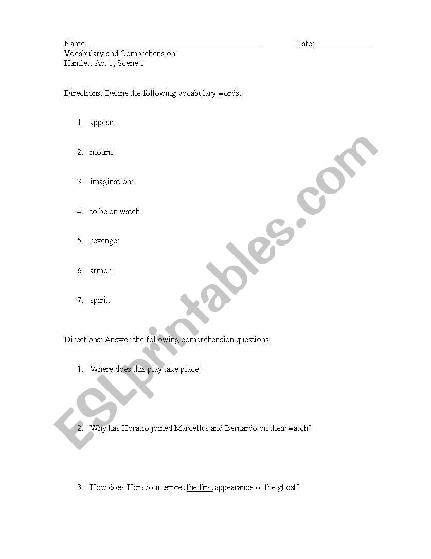 Hamlet - Act 1 Scene 1 Vocabulary and Comprehension Questions