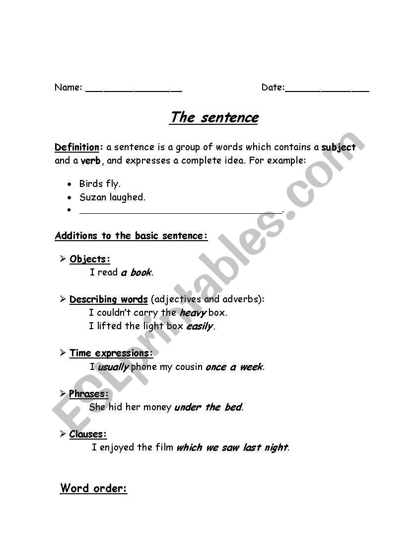 the sentence worksheet