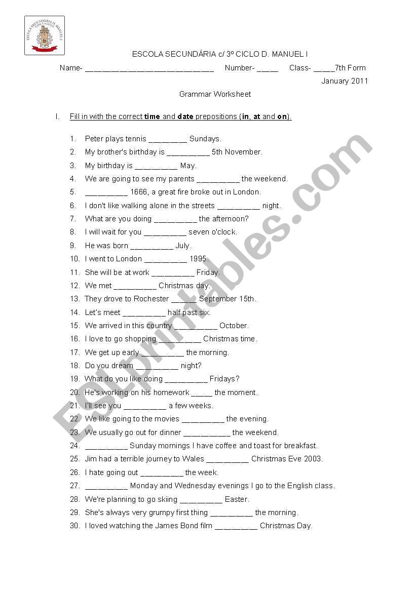 Prepositions of Time worksheet