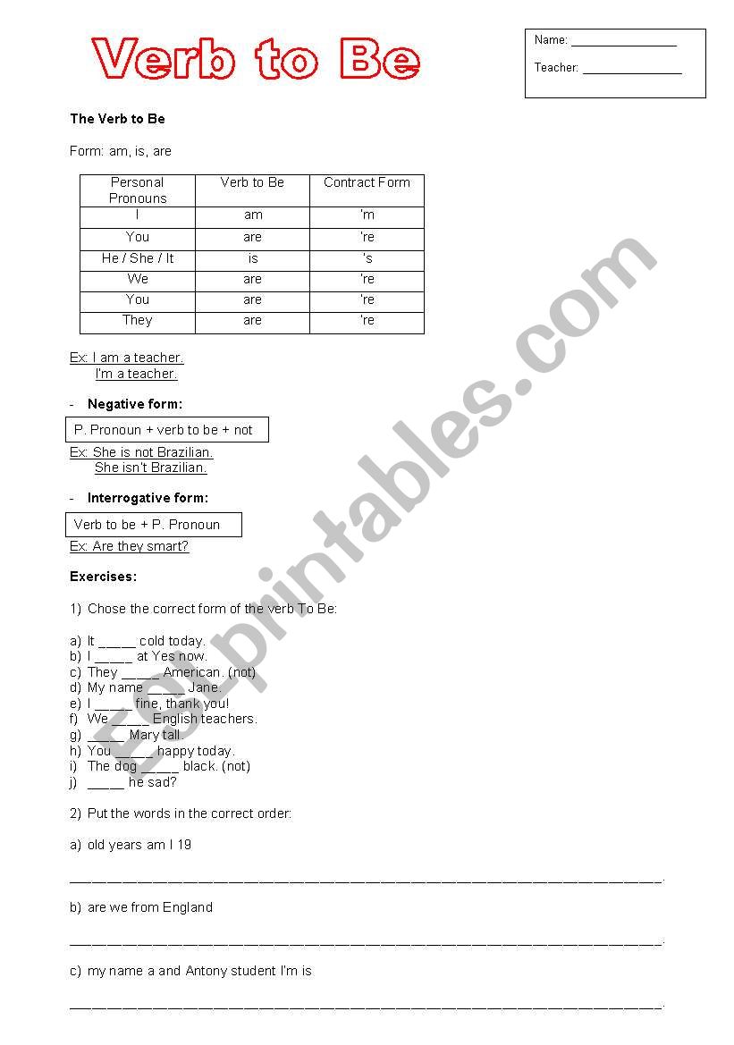 Verb to Be worksheet