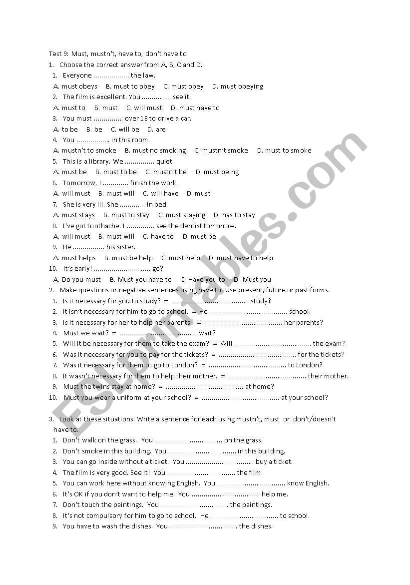 MUST OR HAVE TO - ESL worksheet by felizapenas