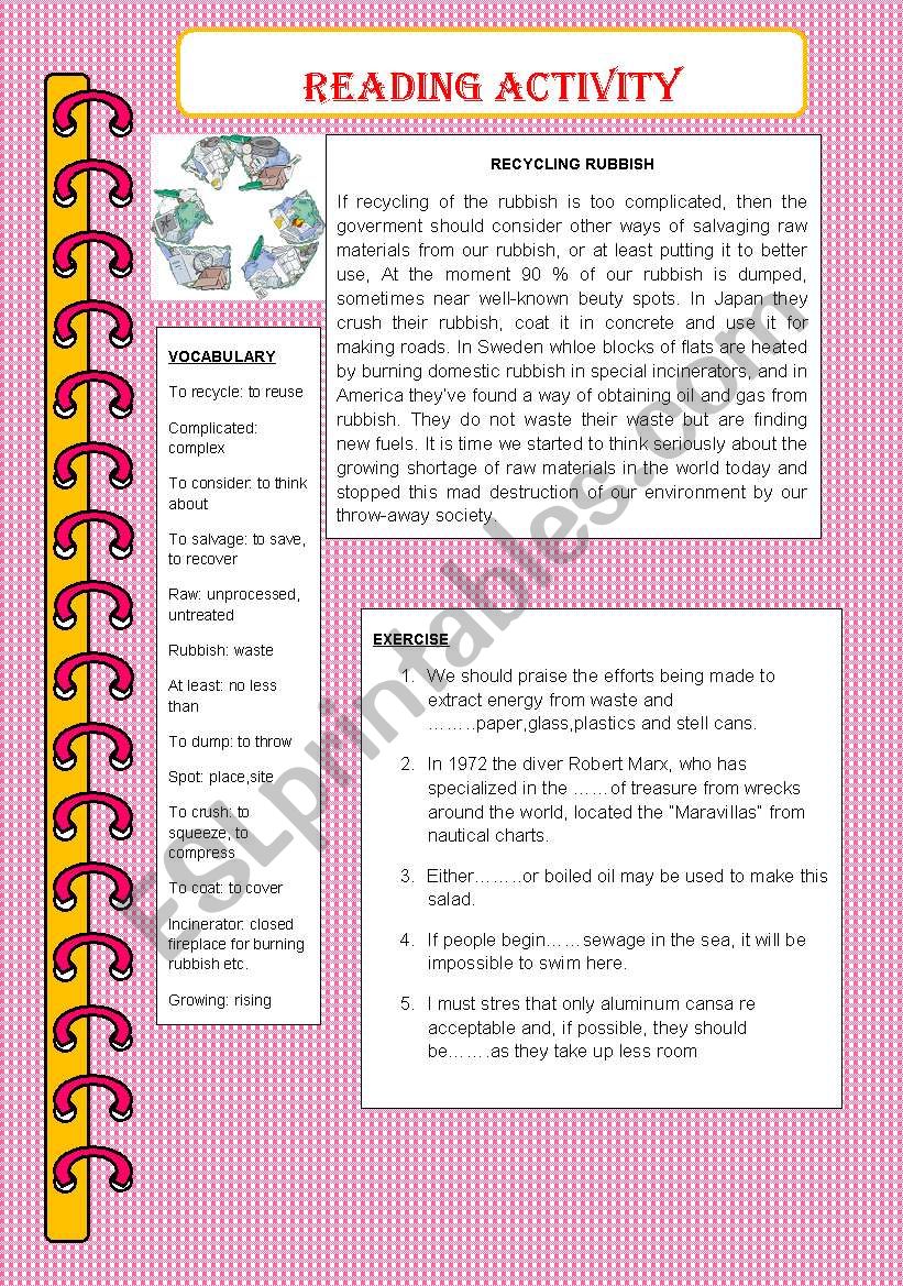 Recycling Rubbish worksheet