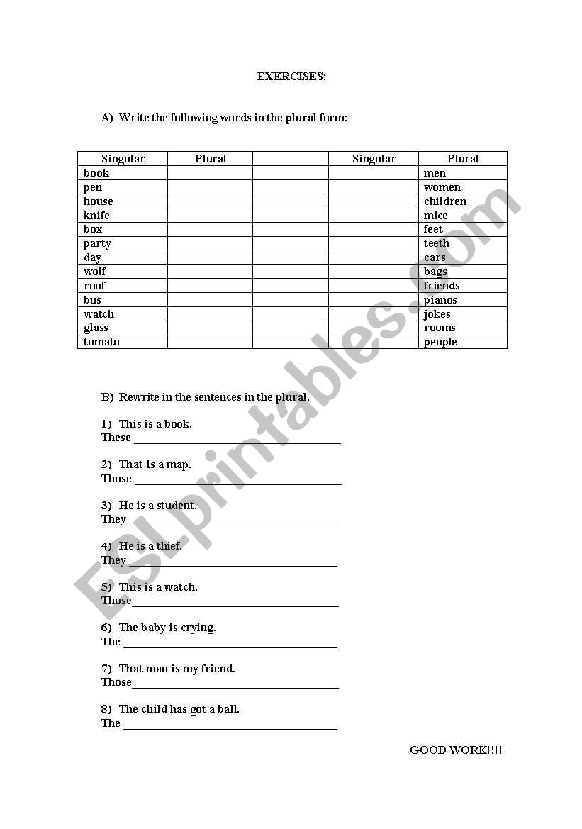 PLURAL forms worksheet