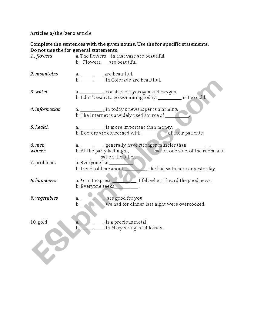 articles worksheet