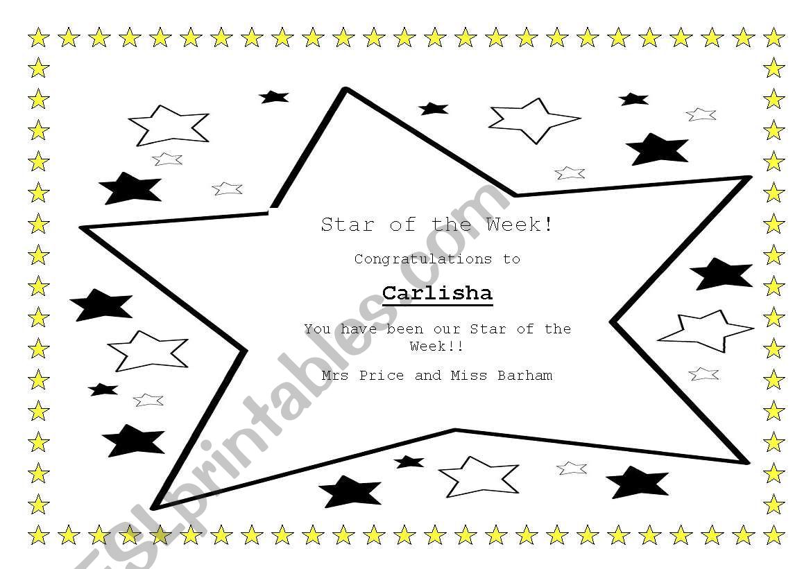 Star of the week certificate worksheet