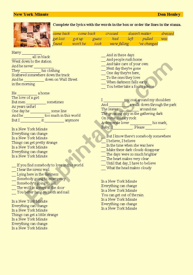 New York Minute worksheet