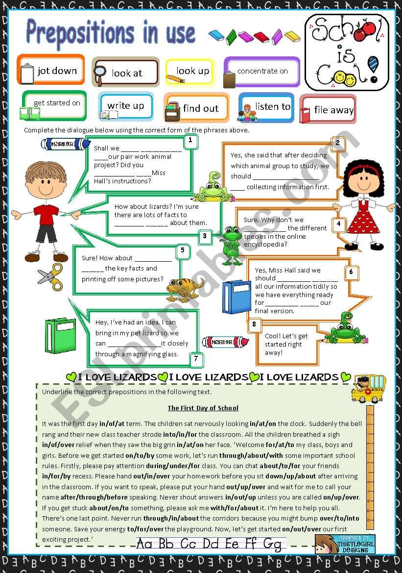 Prepositions in use (7) - At School (editable with key)