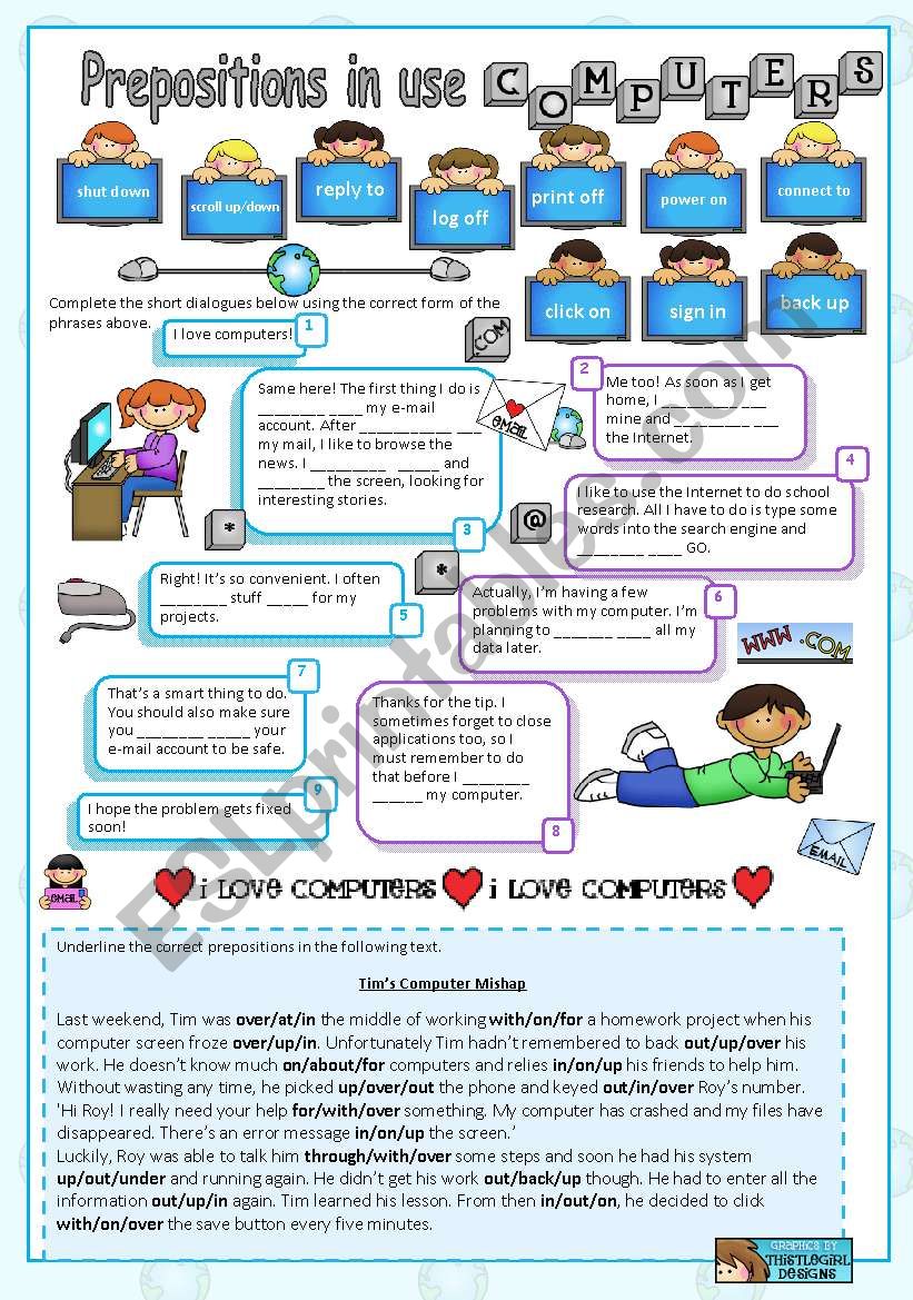 Prepositions in use (8) - Computers (editable with key)