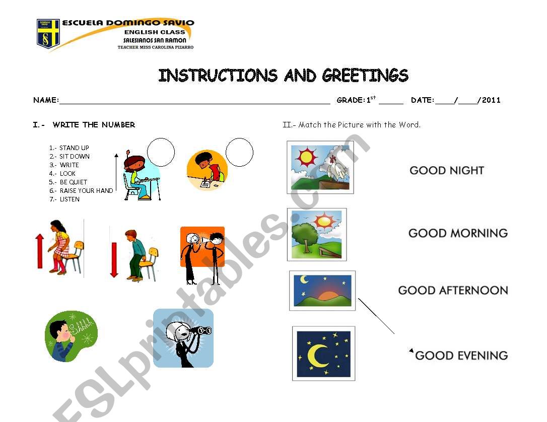 GREETINGS AND INSTRUTIONS worksheet