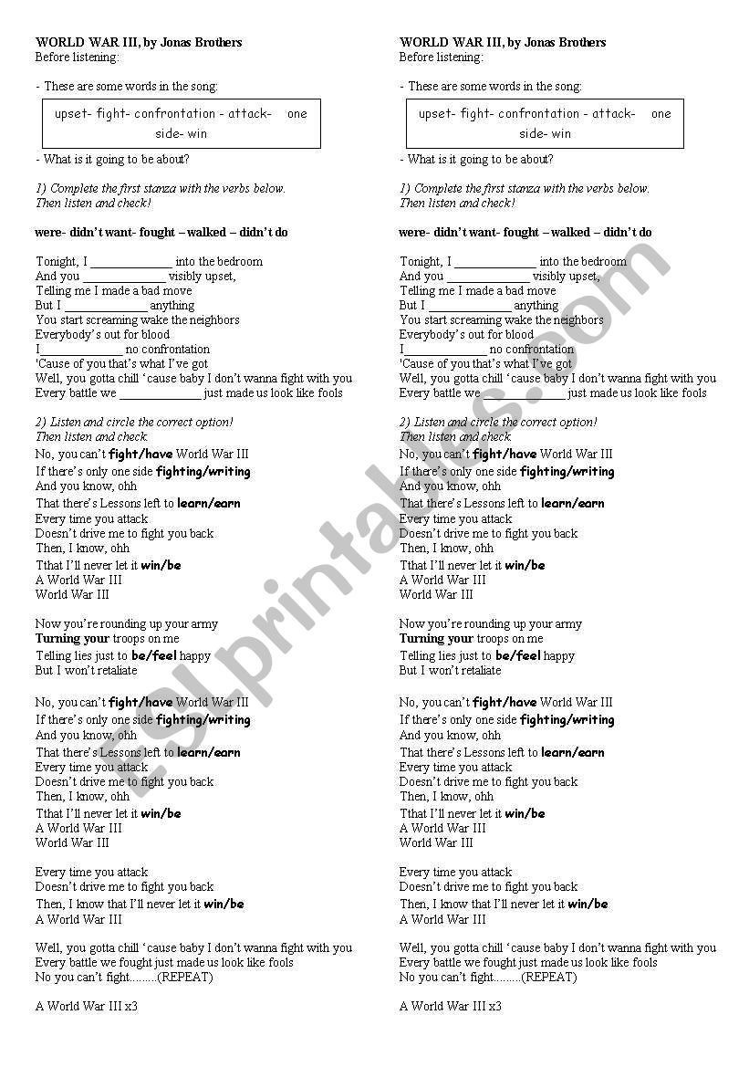 Jonas Brothers, Worl War III worksheet