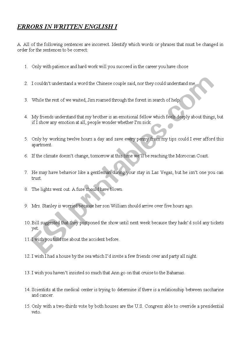 Errors in written english #1 worksheet