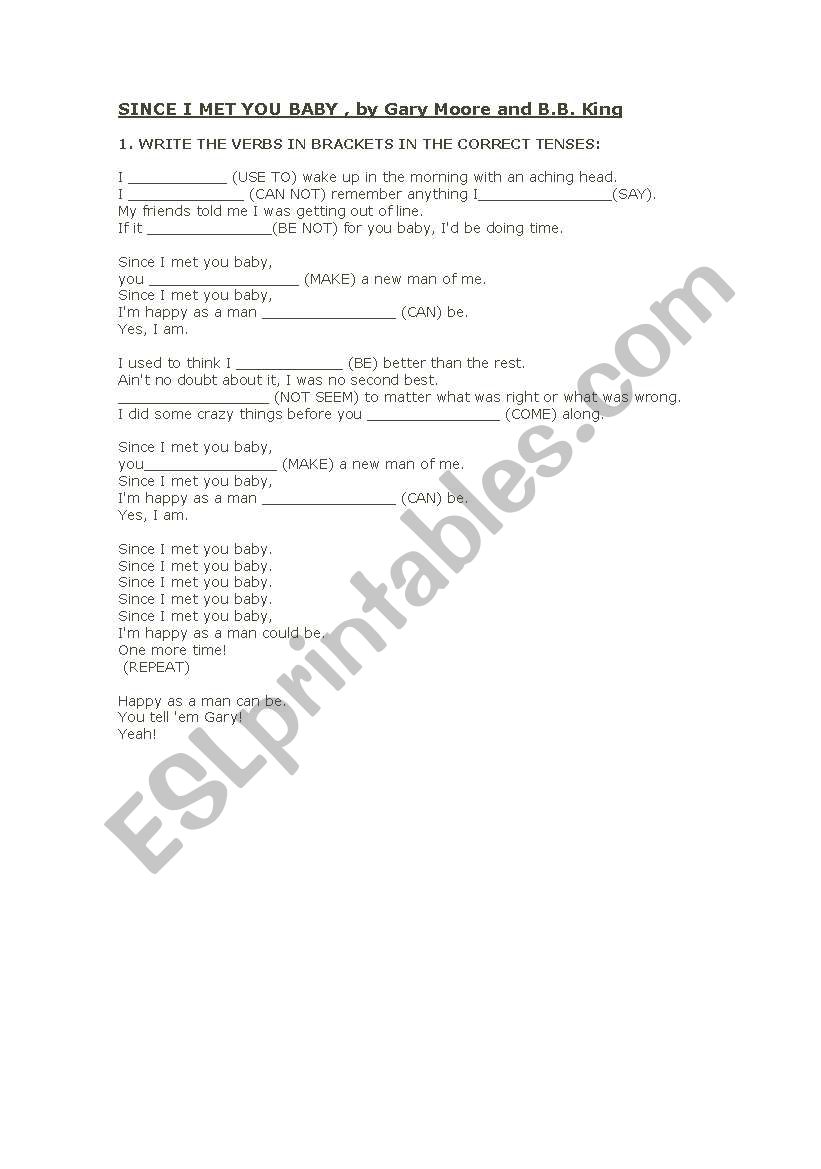 bb king since I met you baby worksheet