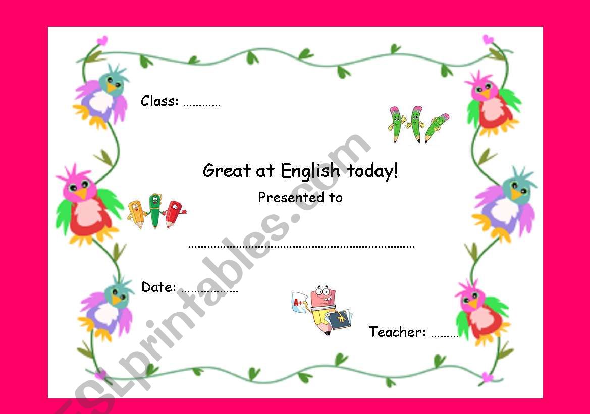 Great at English today Award worksheet