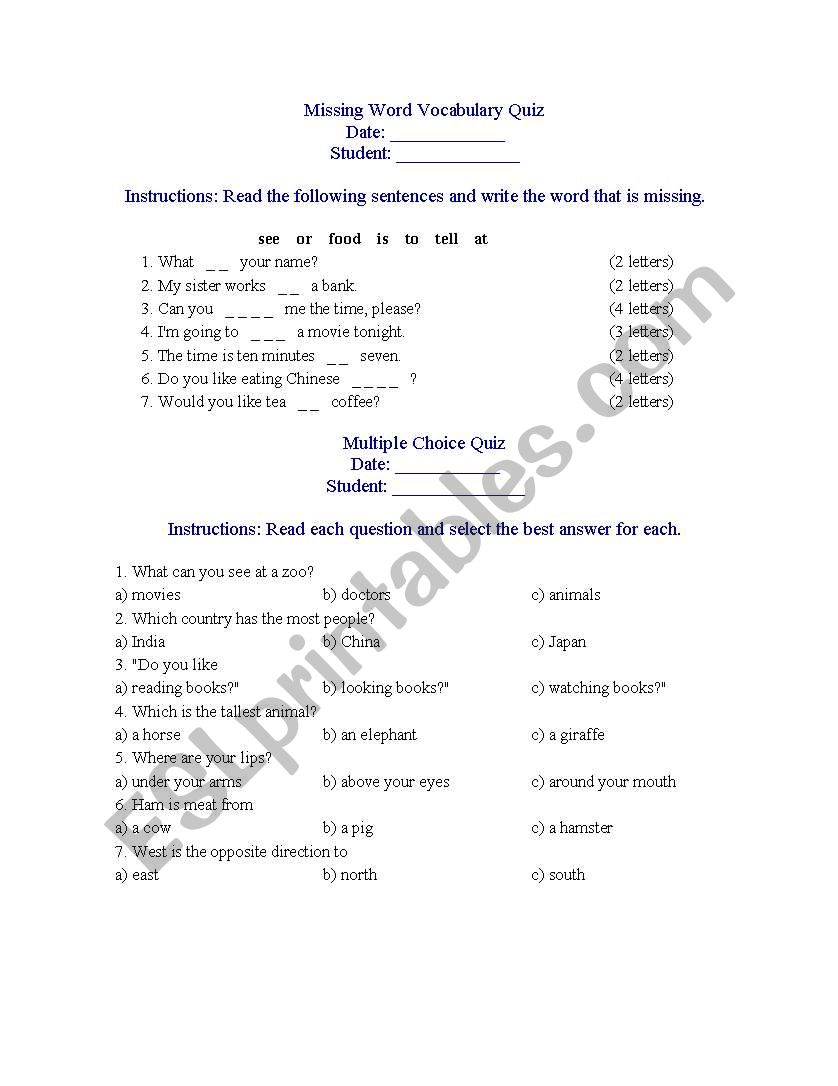 Parts of Speech Quiz worksheet