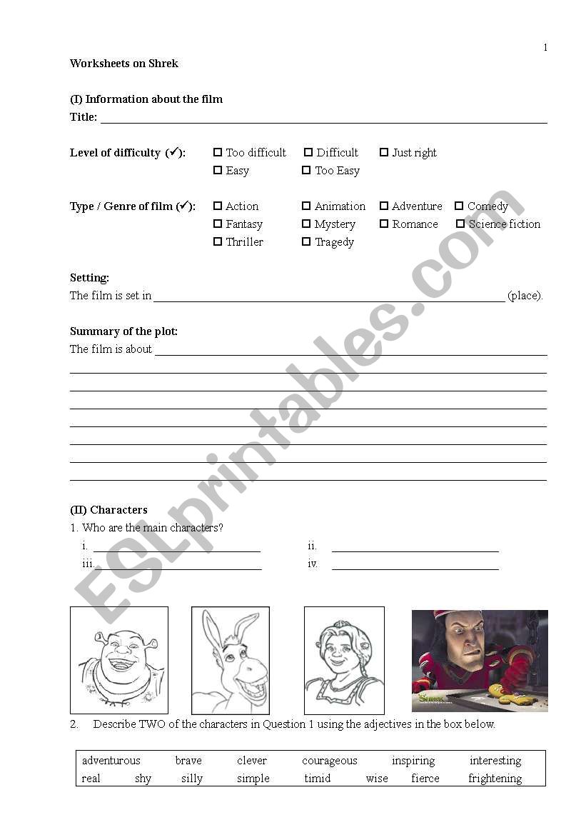 Worksheets for the film Shrek worksheet