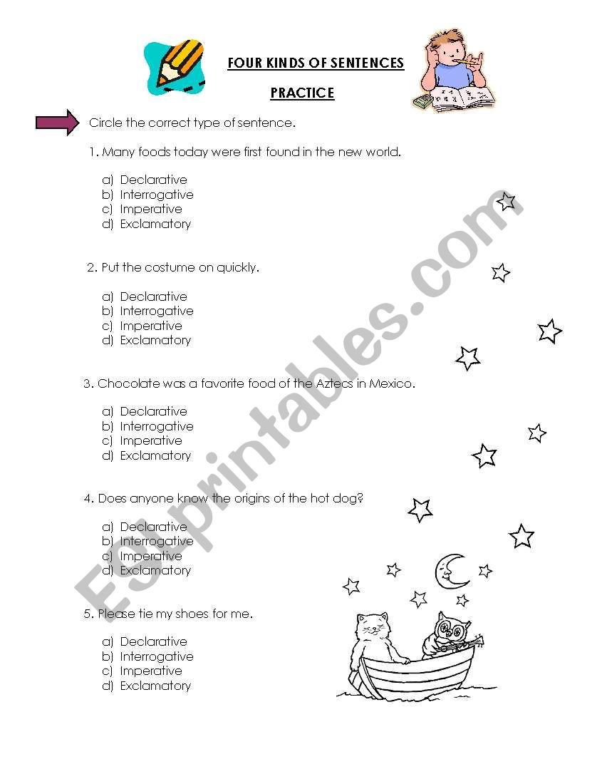 the-four-kinds-of-sentences-worksheet-is-shown-in-black-and-white-with-an