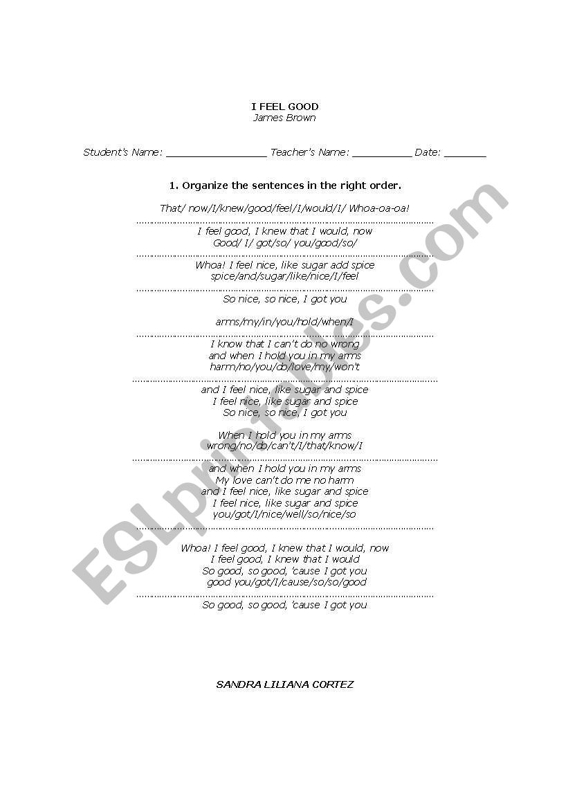 song: I feel good!! worksheet