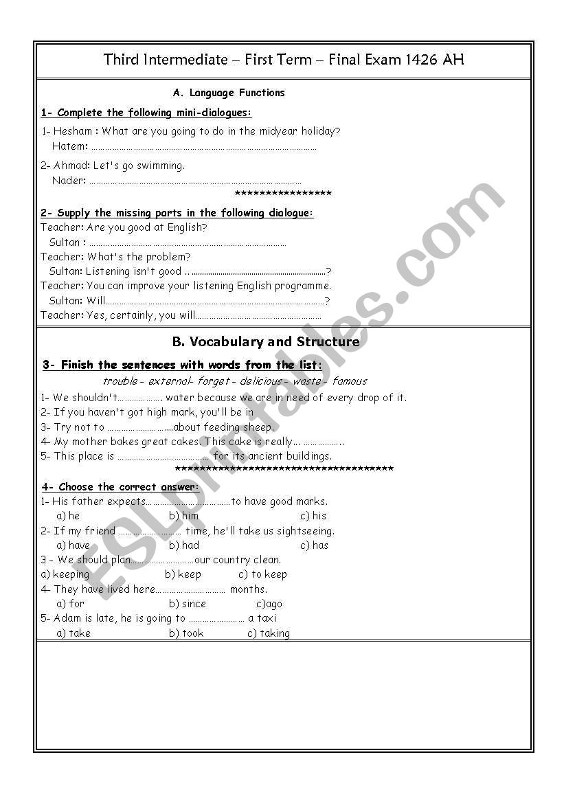 exam worksheet