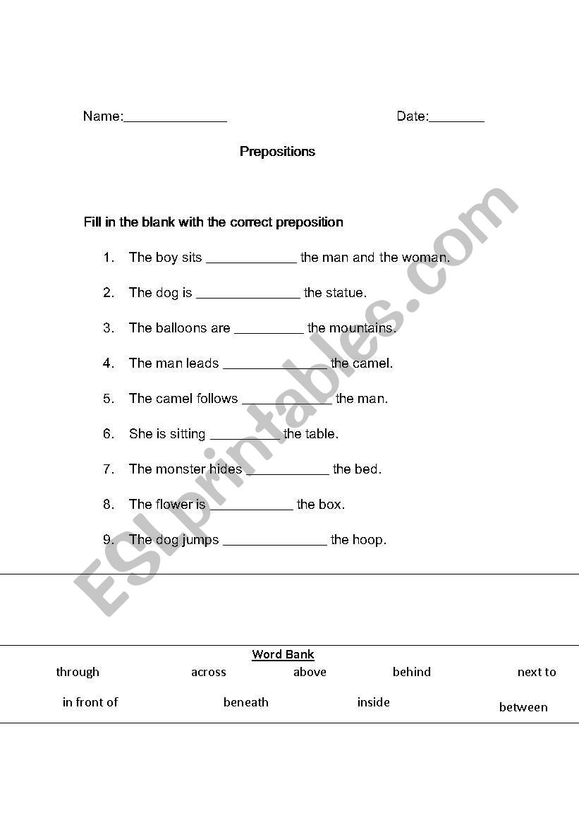 Prepositions worksheet
