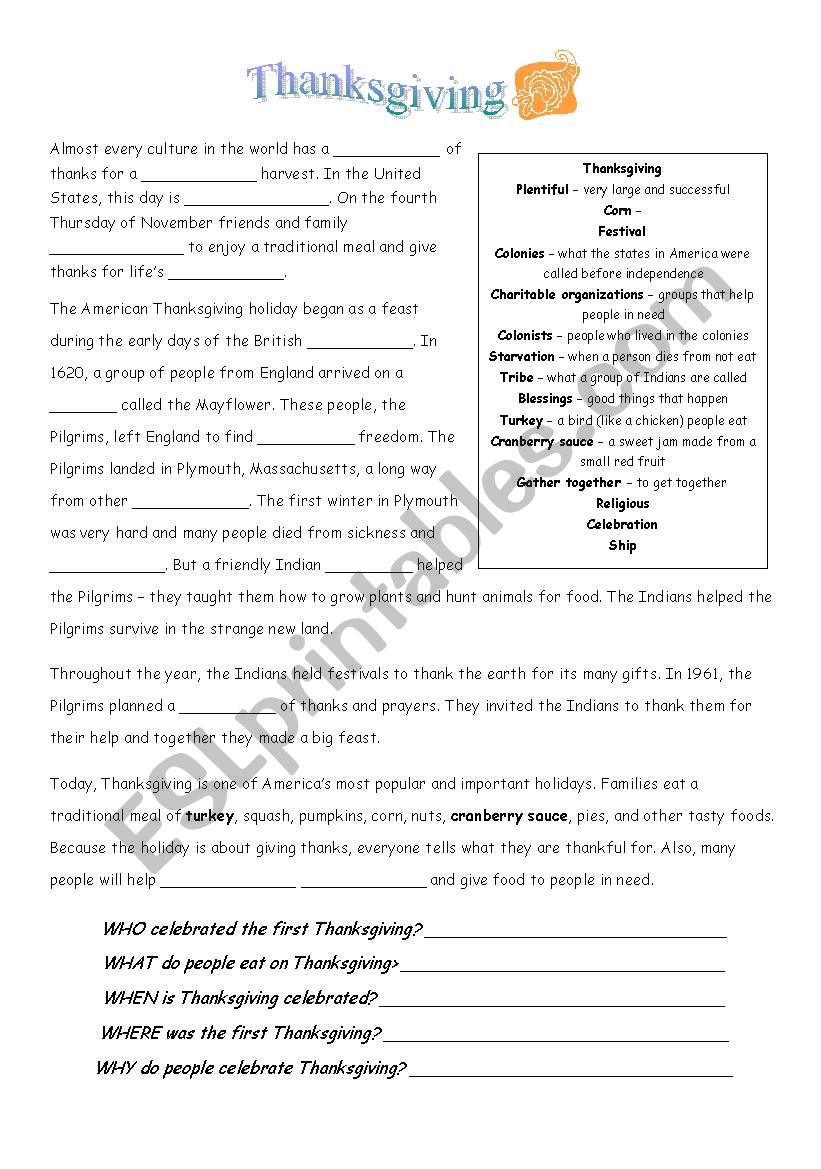 Thanksgiving History Worksheet