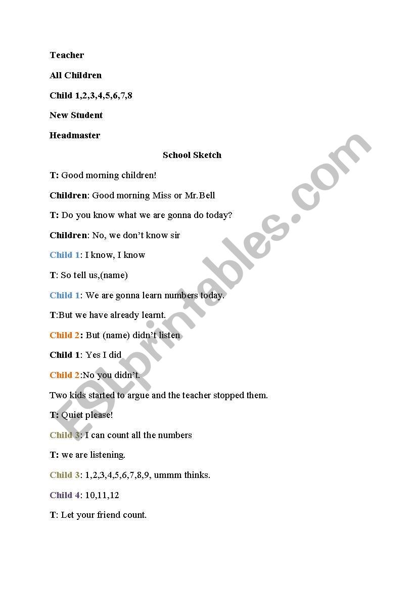 A school sketch (drama) worksheet