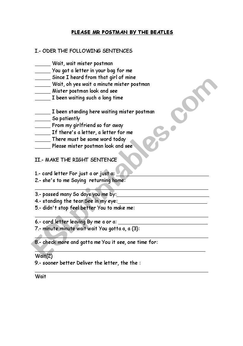 Song. Please Mr. Postman worksheet