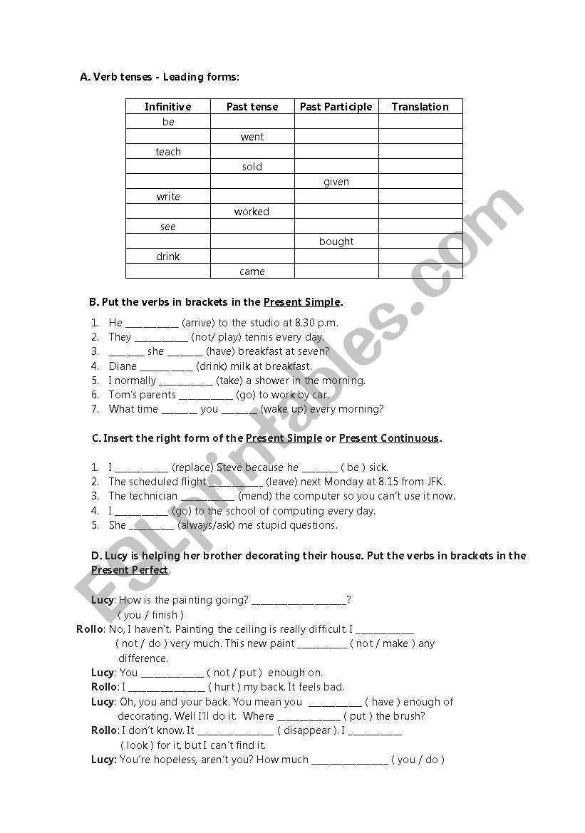 Revision of verb tenses worksheet