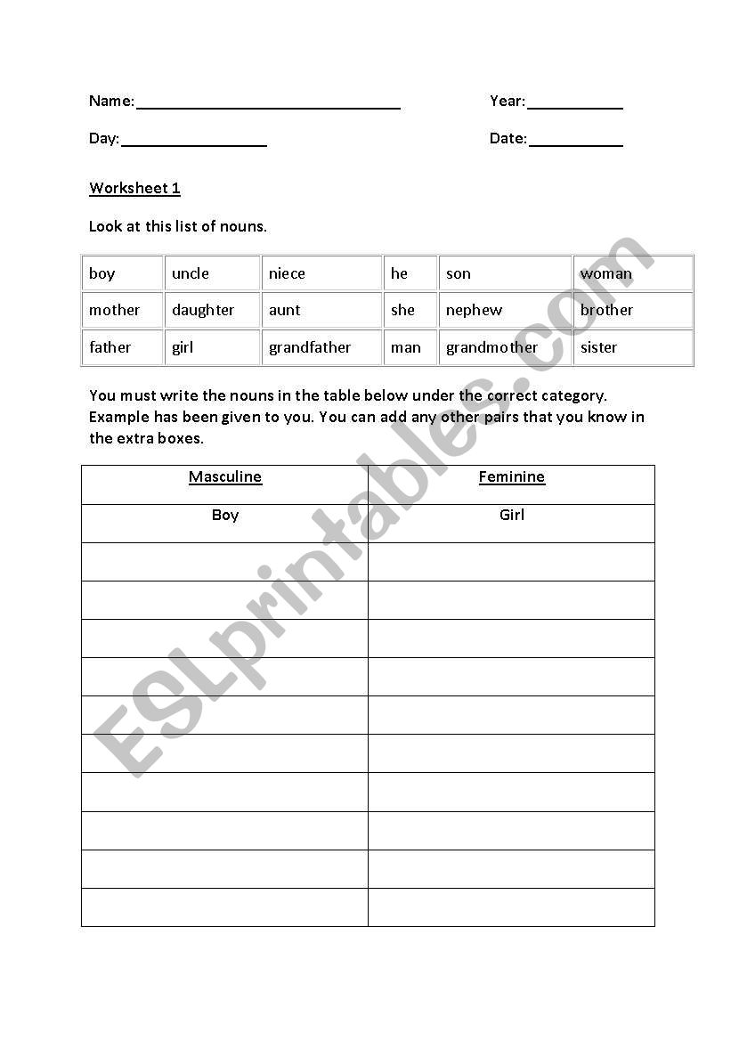 gender worksheet