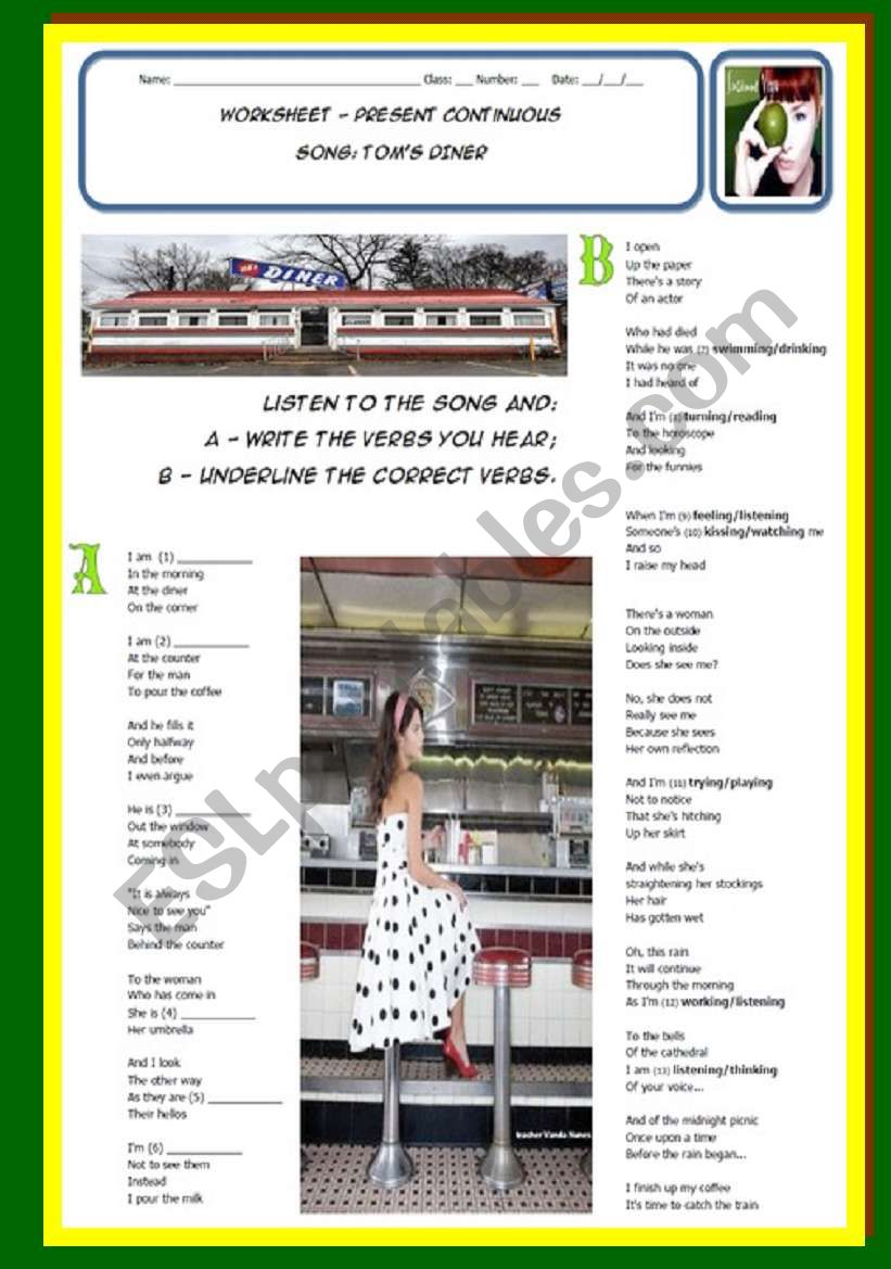PRESENT CONTINUOUS - song: TOMÂ´s DINER - with ANSWER KEY