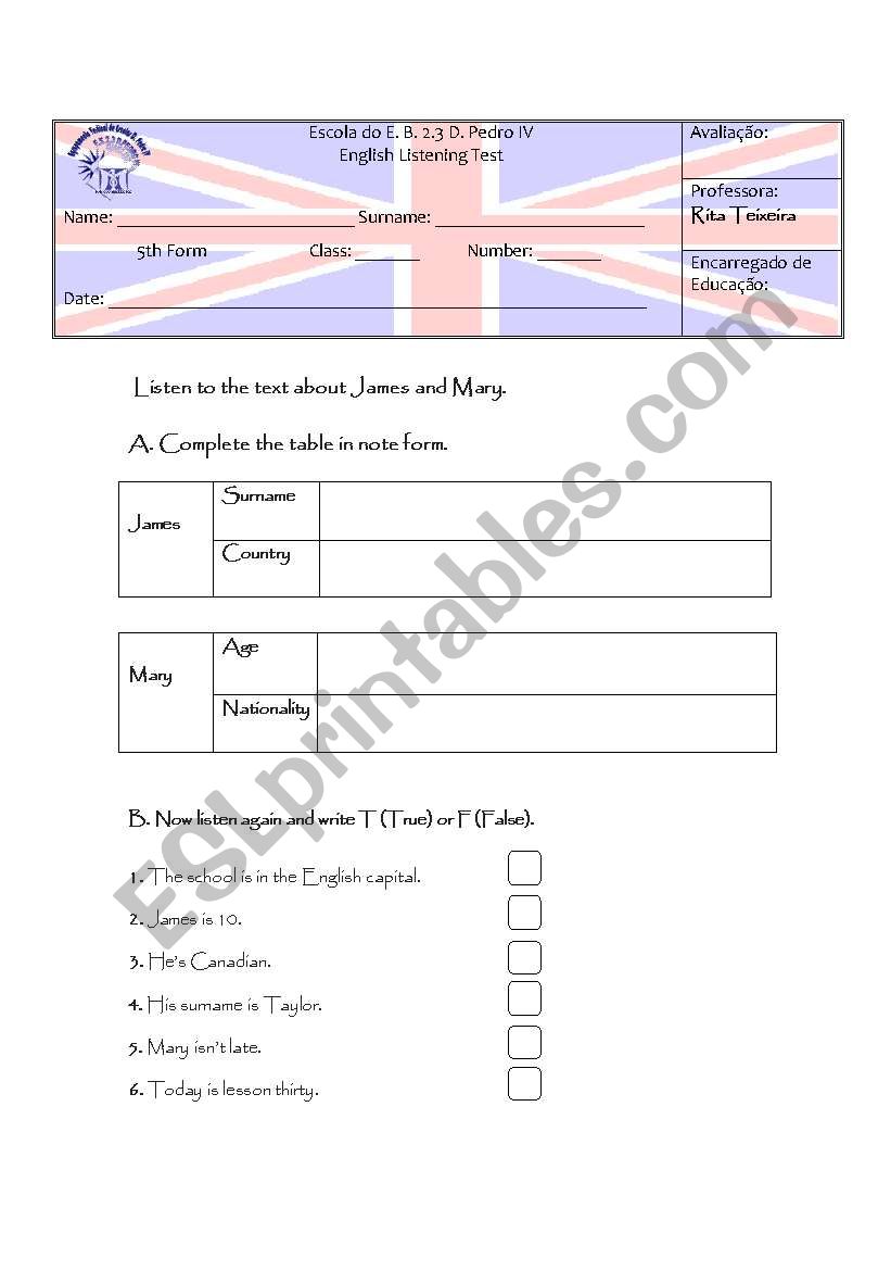 Listening test 5th worksheet