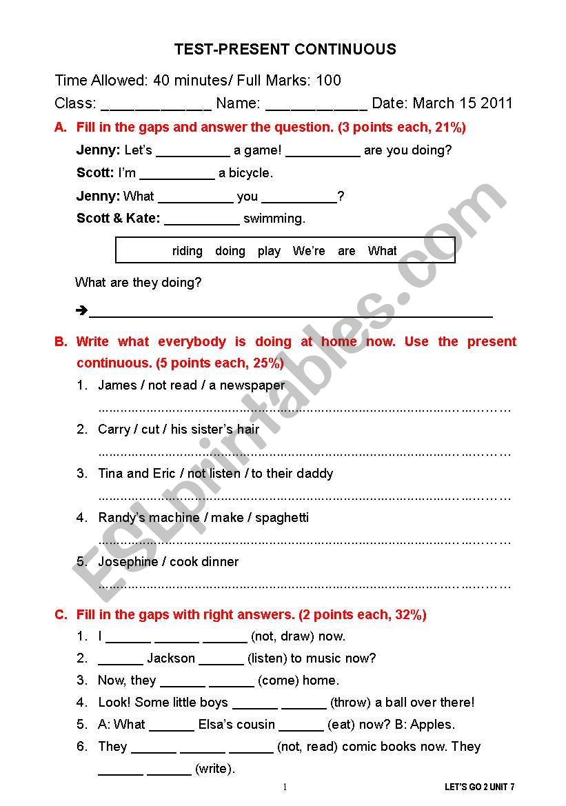 Test-Present Continuous worksheet