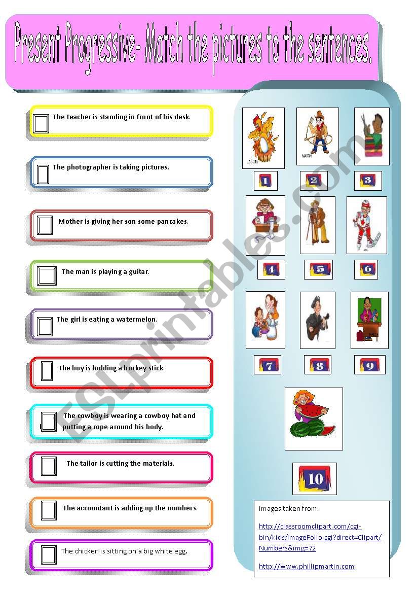 Present Progressive Exercise-Match the pictures to the sentences