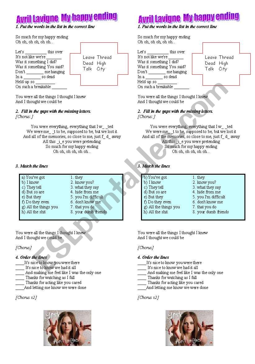 My happy ending Avril Lavigne worksheet