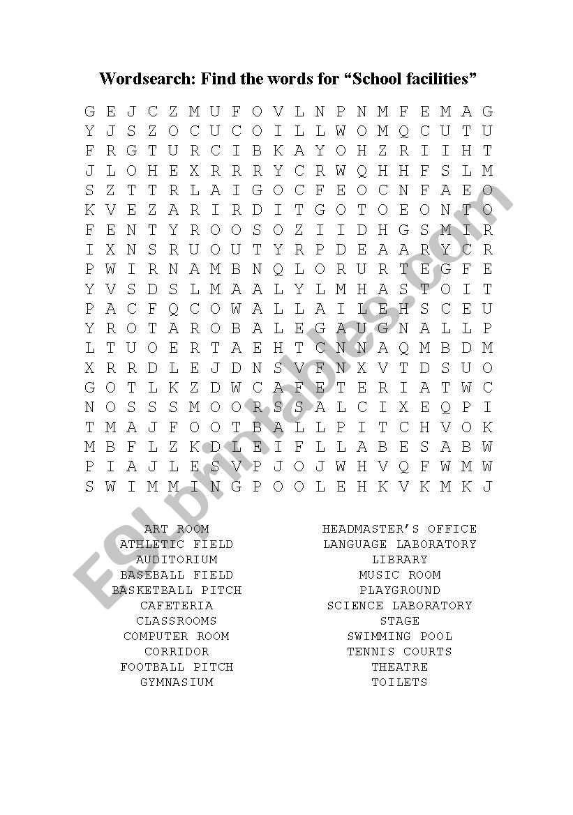 School facilities: Wordsearch worksheet