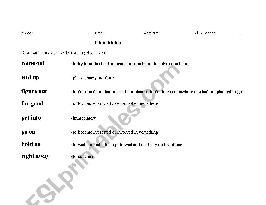 Matching Idioms worksheet