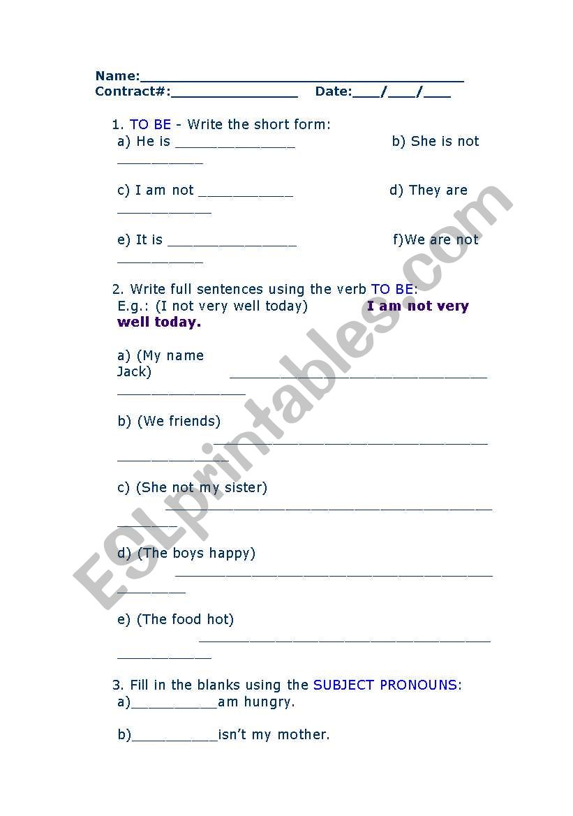 verb to be subject worksheet