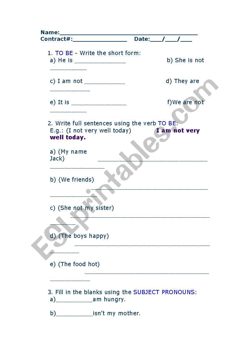 verb to be subject worksheet