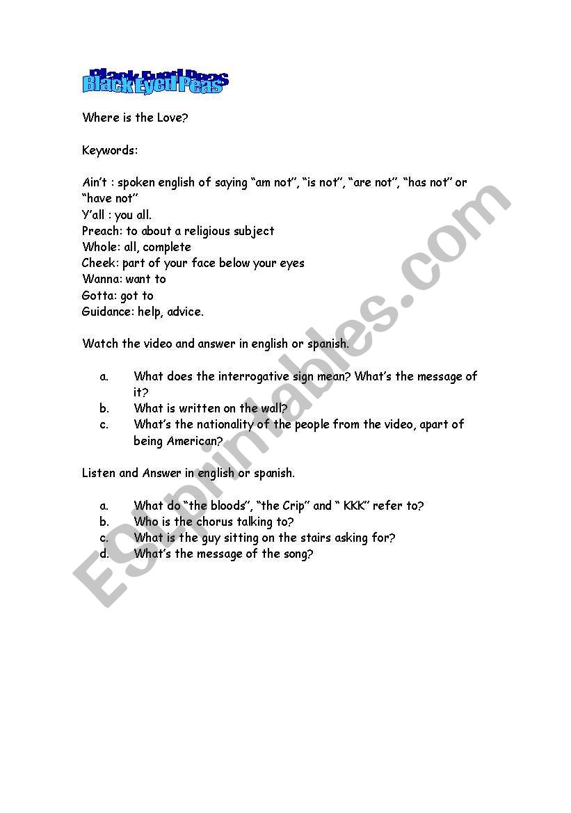 Song: Black Eyed Peas worksheet