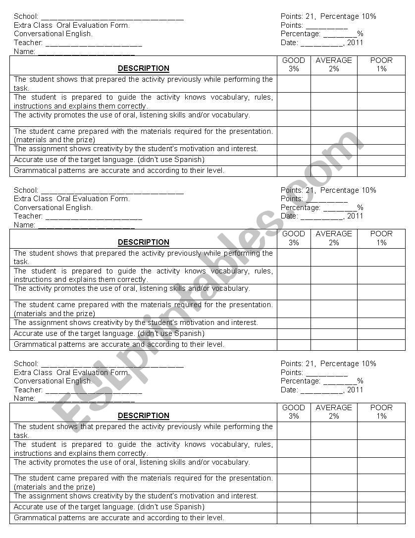 EVALUATION FORM. ORAL PRESENTATION OF GAMES THAT PROMOTE SPEAKING. 